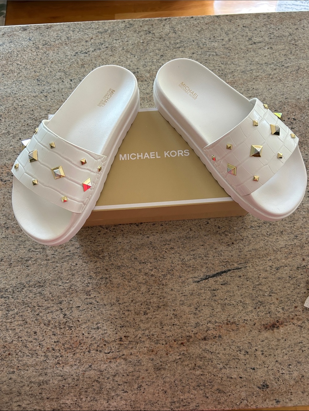 Michael Kors White Slide Sandals with Gold Pyramid Studs - Picture 3 of 5